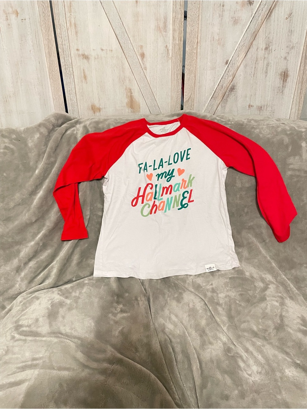 Hallmark White Raglan Tee with Red Sleeves - 'Fa-La-Love' Graphic